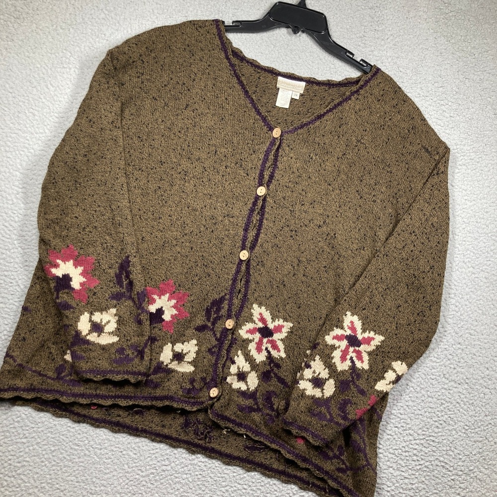 Coldwater Creek Cardigan Sweater Women 2X Brown Silk Blend Floral Knit V-Neck